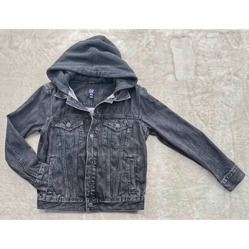 Gap Kids Boys Washed Black Denim Jacket with Jersey Hood Size L Large Trucker